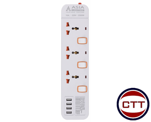 Ổ CẮM DÀI 3 Ổ 3 CHẤU 4 CỔNG USB 3M ASIA